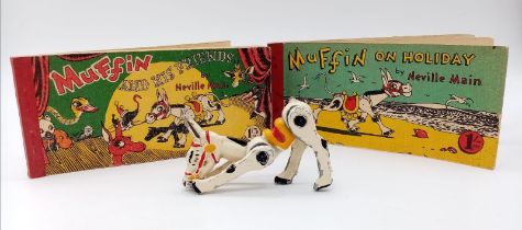Two rare 1950's Muffin the Mule strip books and a rare metal Muffin toy.