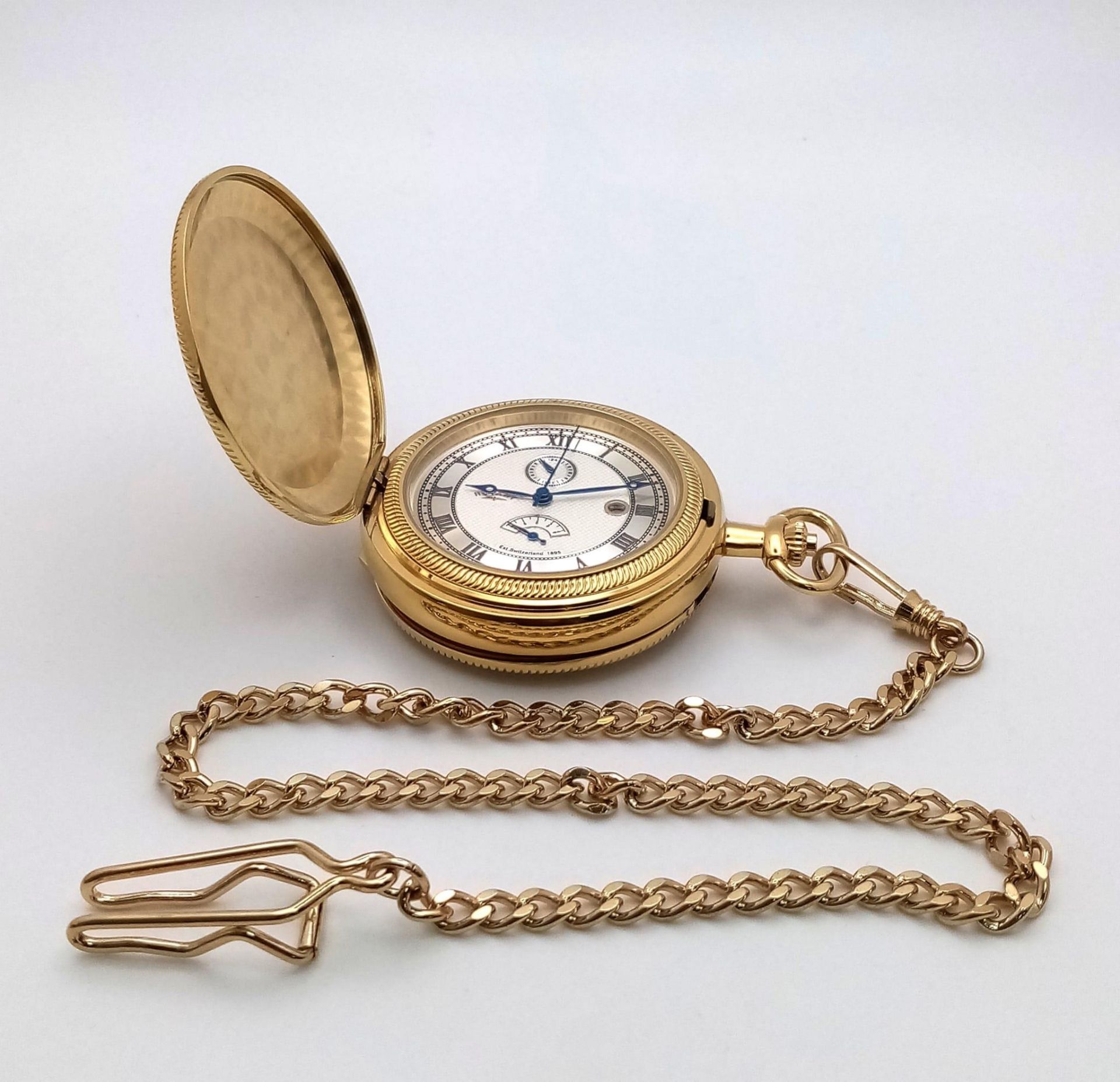 An Unworn Gold Plated Rotary Manual Wind Pocket, Date Watch. 4 Day Power Reserve. With Albert Chain. - Image 4 of 8