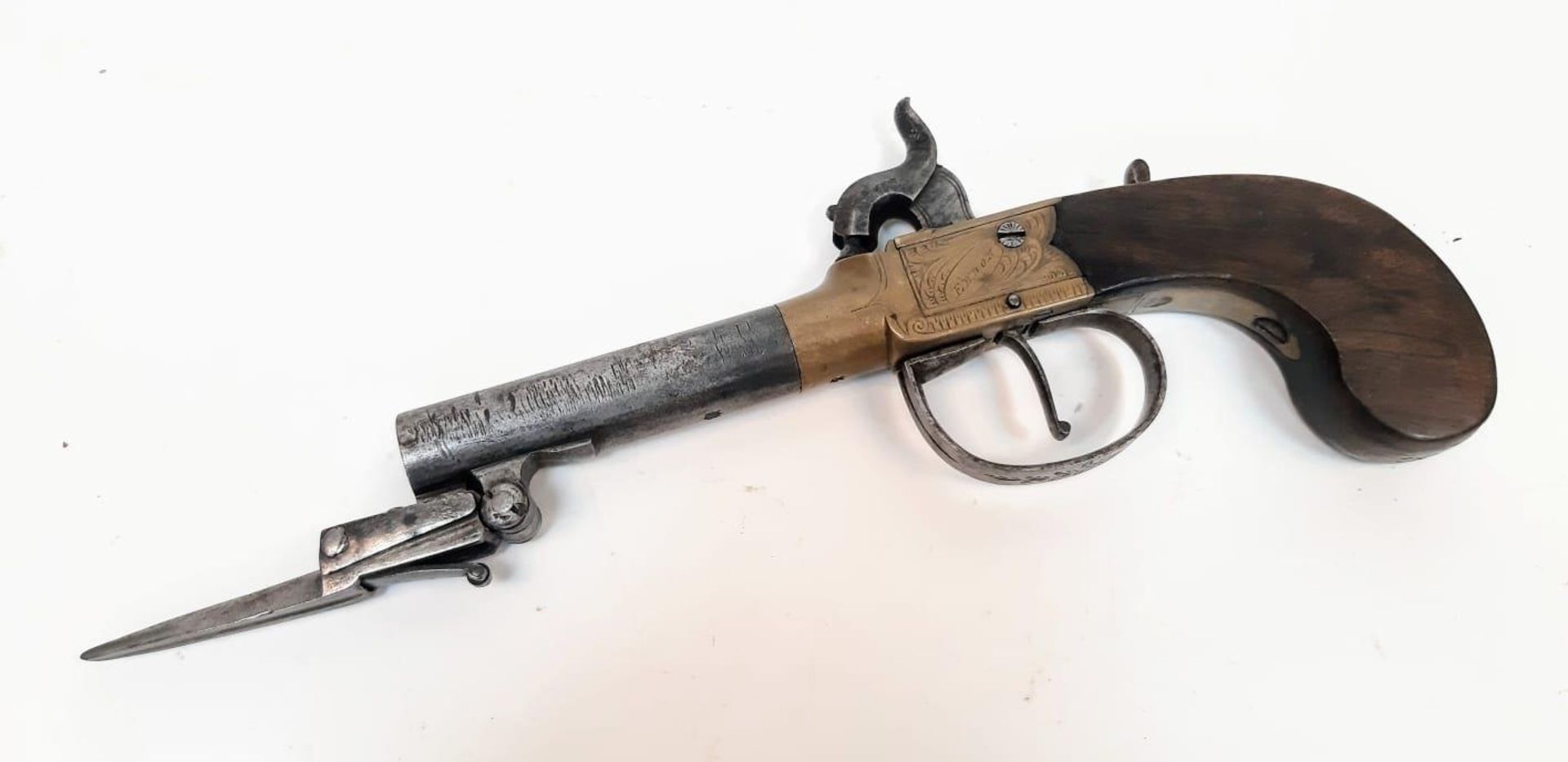 A Rare Mid 19th Century 54 Bore Boxlock Percussion Pistol with Quick-Release Bayonet! Makers mark of - Image 5 of 11