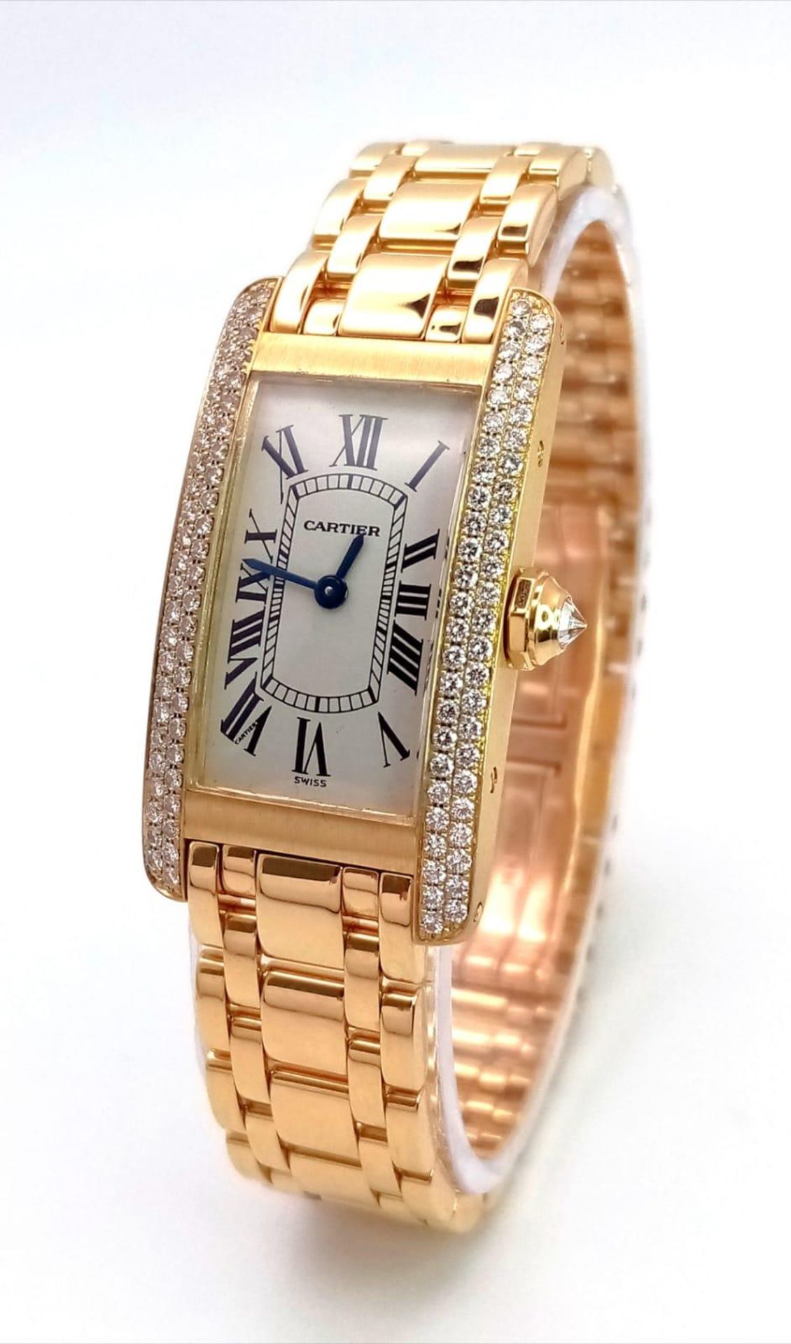 An 18K Gold and Diamond Cartier Tank Americaine Ladies Watch. 18K gold bracelet and case - 19mm