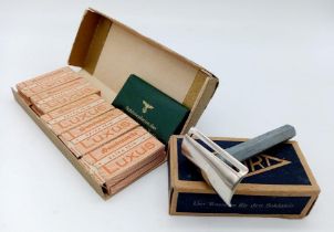WW2 German razor (new in packet) box of unopened razor blades and an unopened bar of soap.