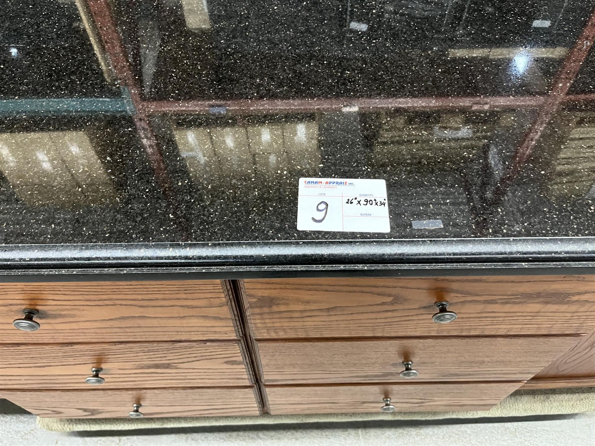 26" x 90" x 34" Black Marbletop Wooden Cabinet