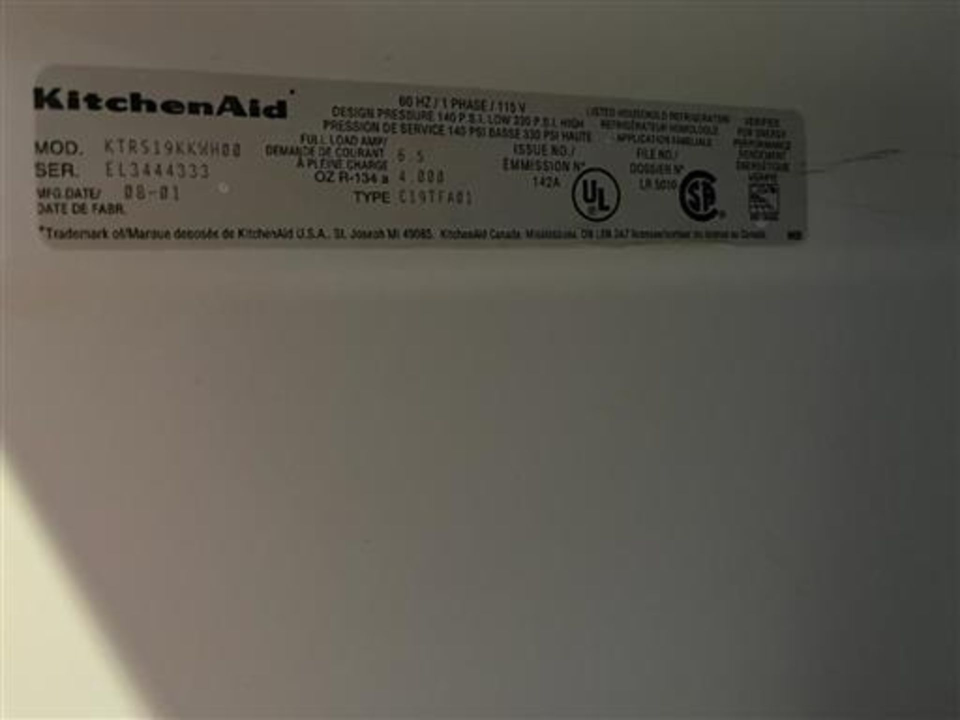 KITCHENAID - Refrigerator - Mo#: KTR519KKXH00 - Image 2 of 2