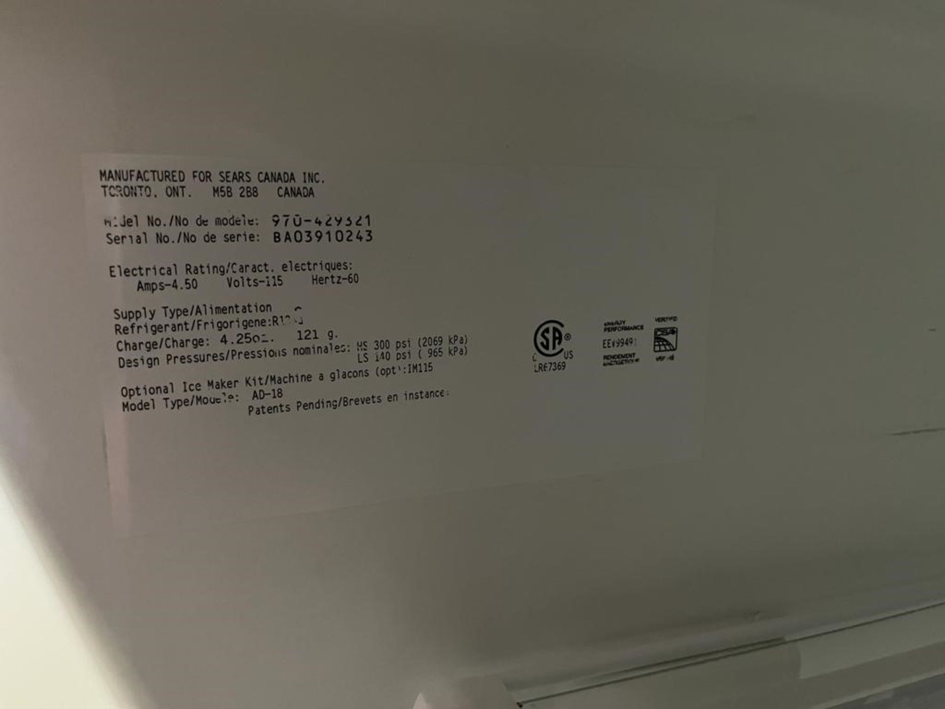 SEARS Manufactured - Refrigerator - Mo#: 970-429321 - Image 3 of 3