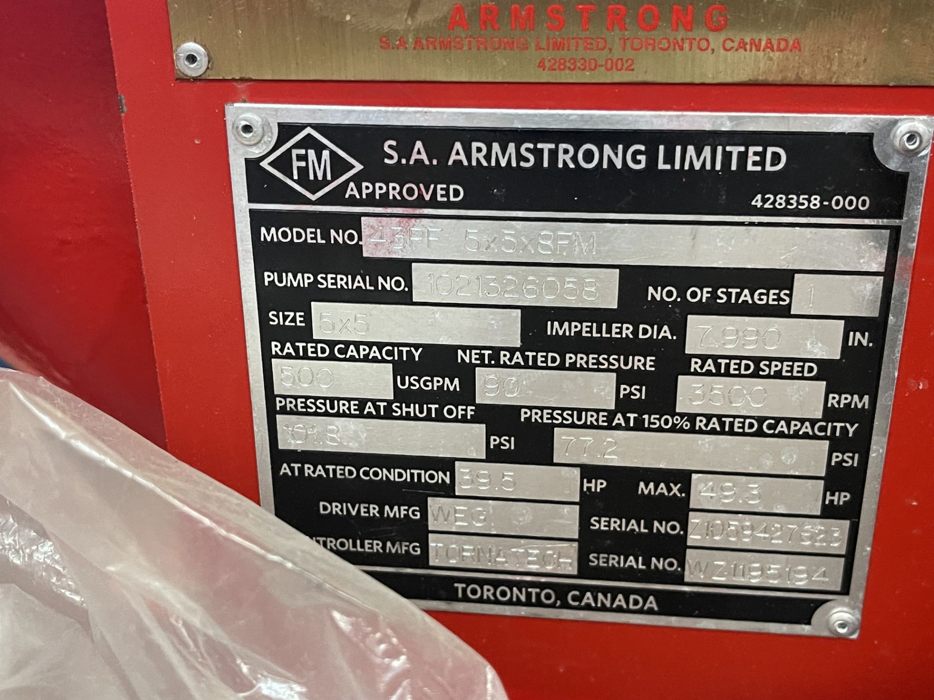 NEW (2021) ARMSTRONG VERTICAL IN-LINE FIRE PUMP, MODEL 43PF, 5 X 5 X 8FM, 181 MAX PSI W/50HP - Image 10 of 12