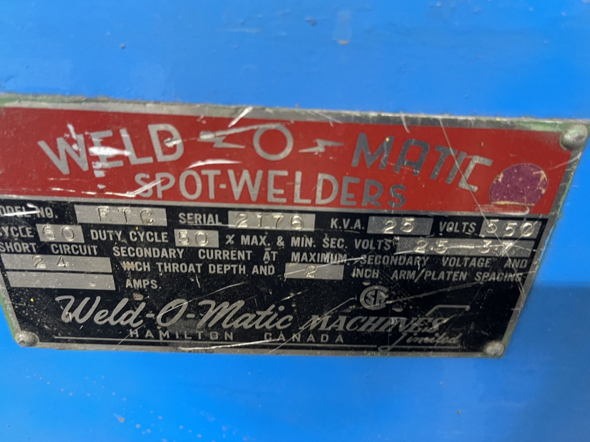 WELD-O-MATIC MODEL FTC SPOT WELDER, 25KVA, 24" THROAT, S/N: 2176 - Image 2 of 2