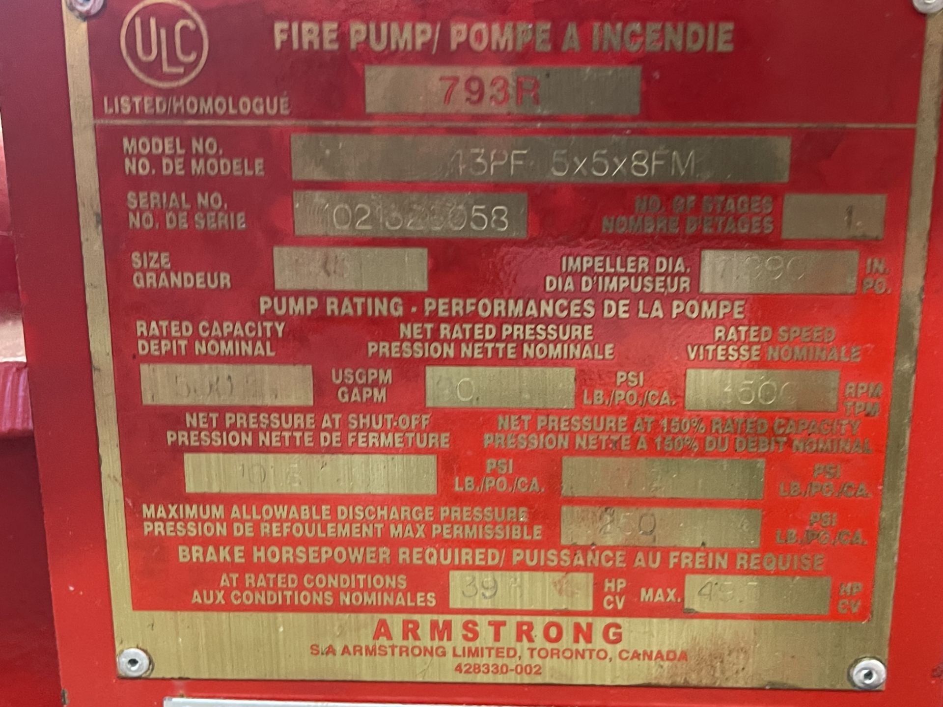 NEW (2021) ARMSTRONG VERTICAL IN-LINE FIRE PUMP, MODEL 43PF, 5 X 5 X 8FM, 181 MAX PSI W/50HP - Image 9 of 12