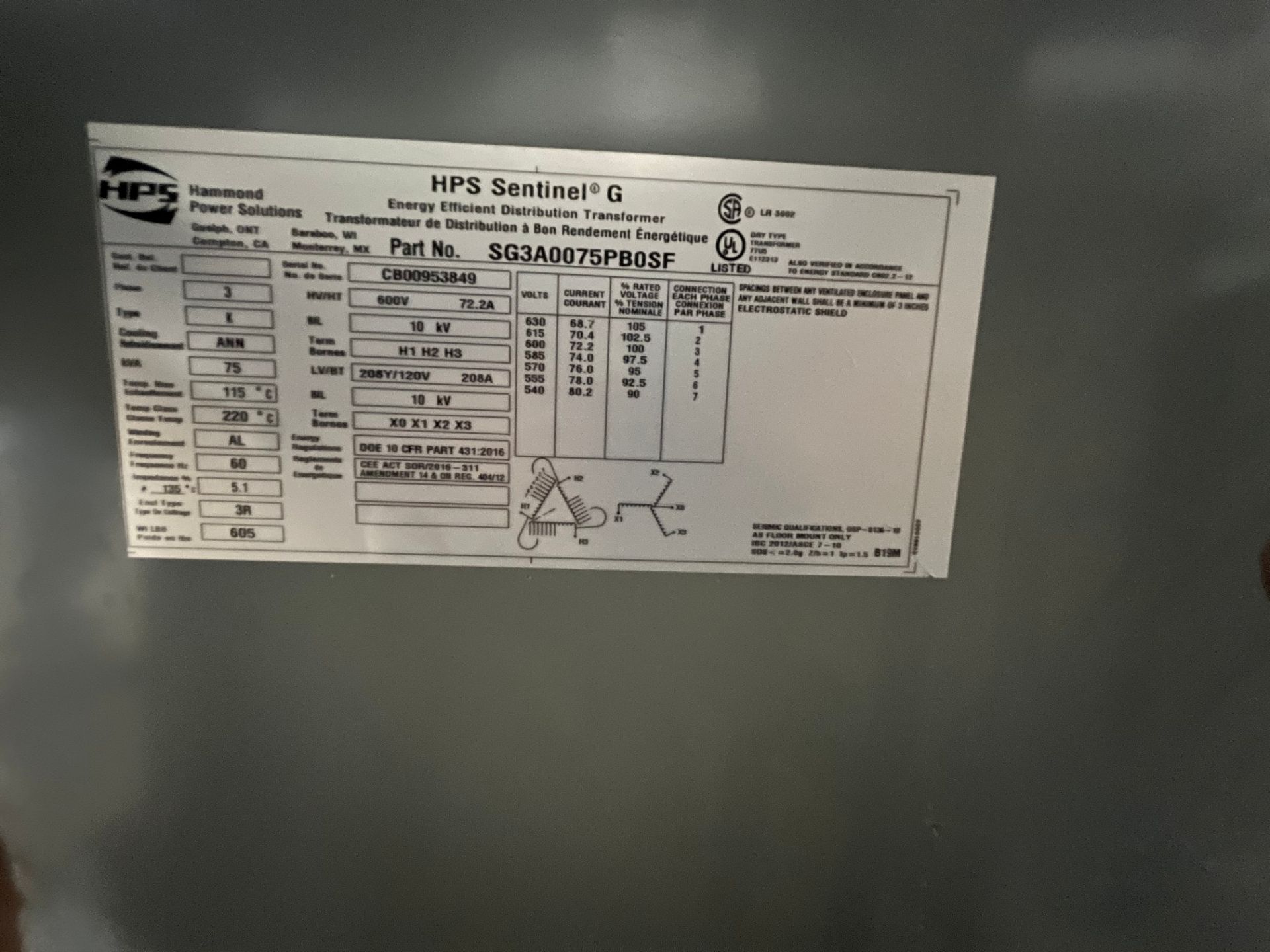 LOT OF (2) HAMMOND POWER SOLUTIONS TRANSFORMERS, 75KVA, 600V TO 120V AND 30KVA, 600V TO 277V - Image 2 of 3