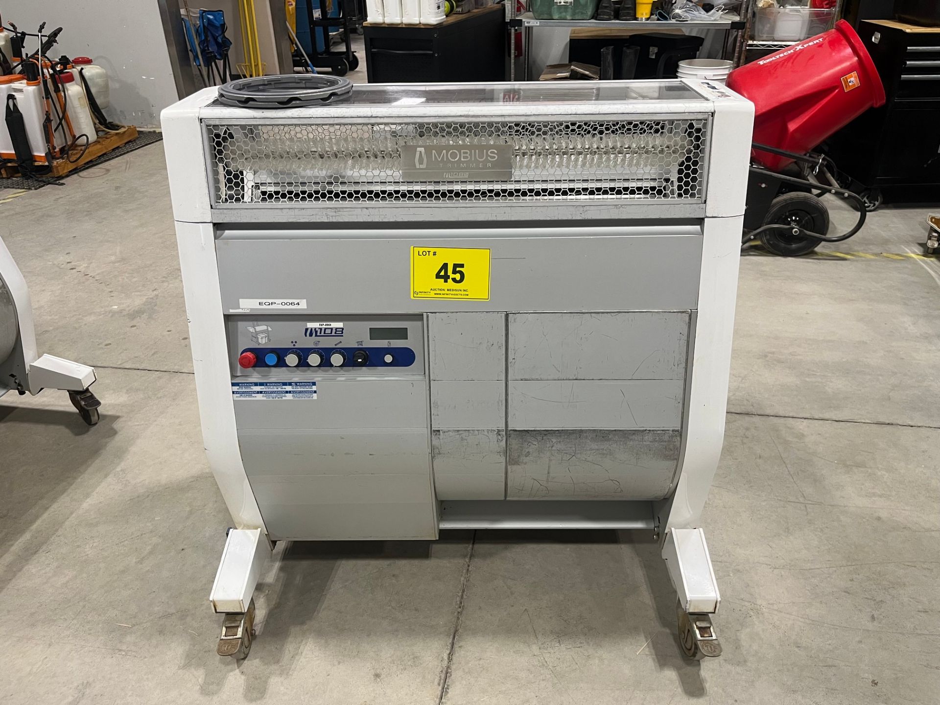 MOBIUS M108S COMMERCIAL CANNABIS TRIMMING MACHINE, S/N 000000093 (MISSING (3) HELIX BLADES, (3)