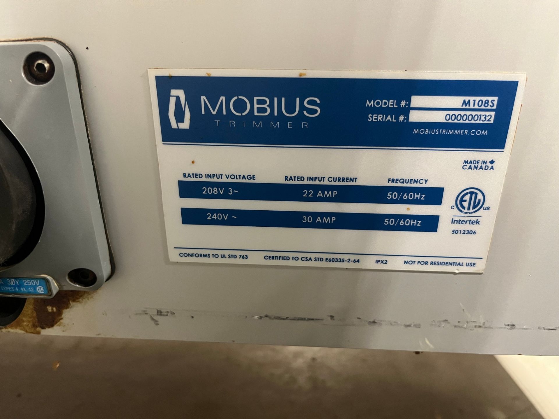 MOBIUS M108S COMMERCIAL CANNABIS TRIMMING MACHINE, S/N 000000132 (MISSING (1) TUMBLER, RUBBER SEAL) - Image 3 of 3