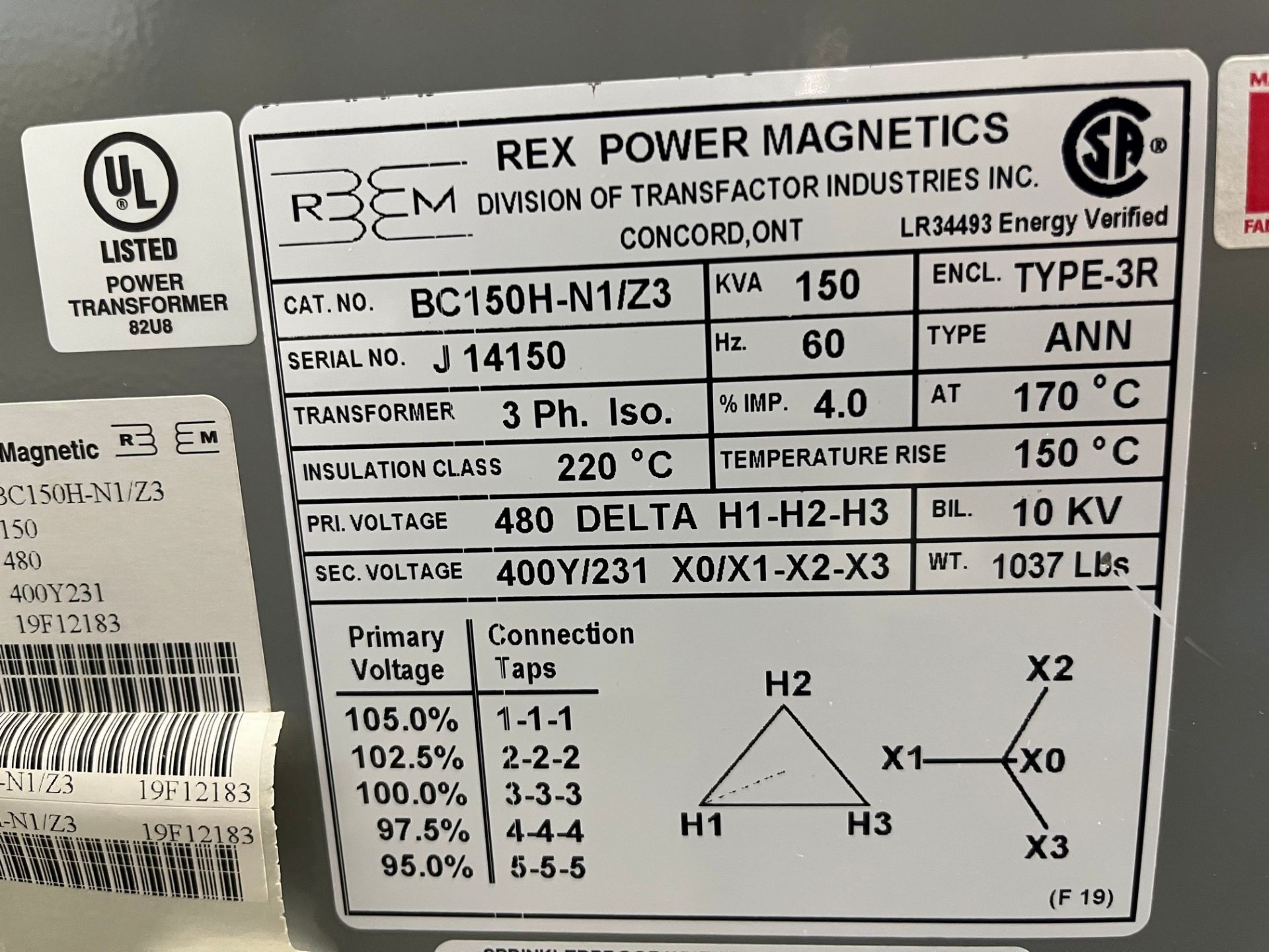 REX POWER MAGNETICS TRANSFORMER, 150KVA, 480V TO 231V - Image 2 of 2