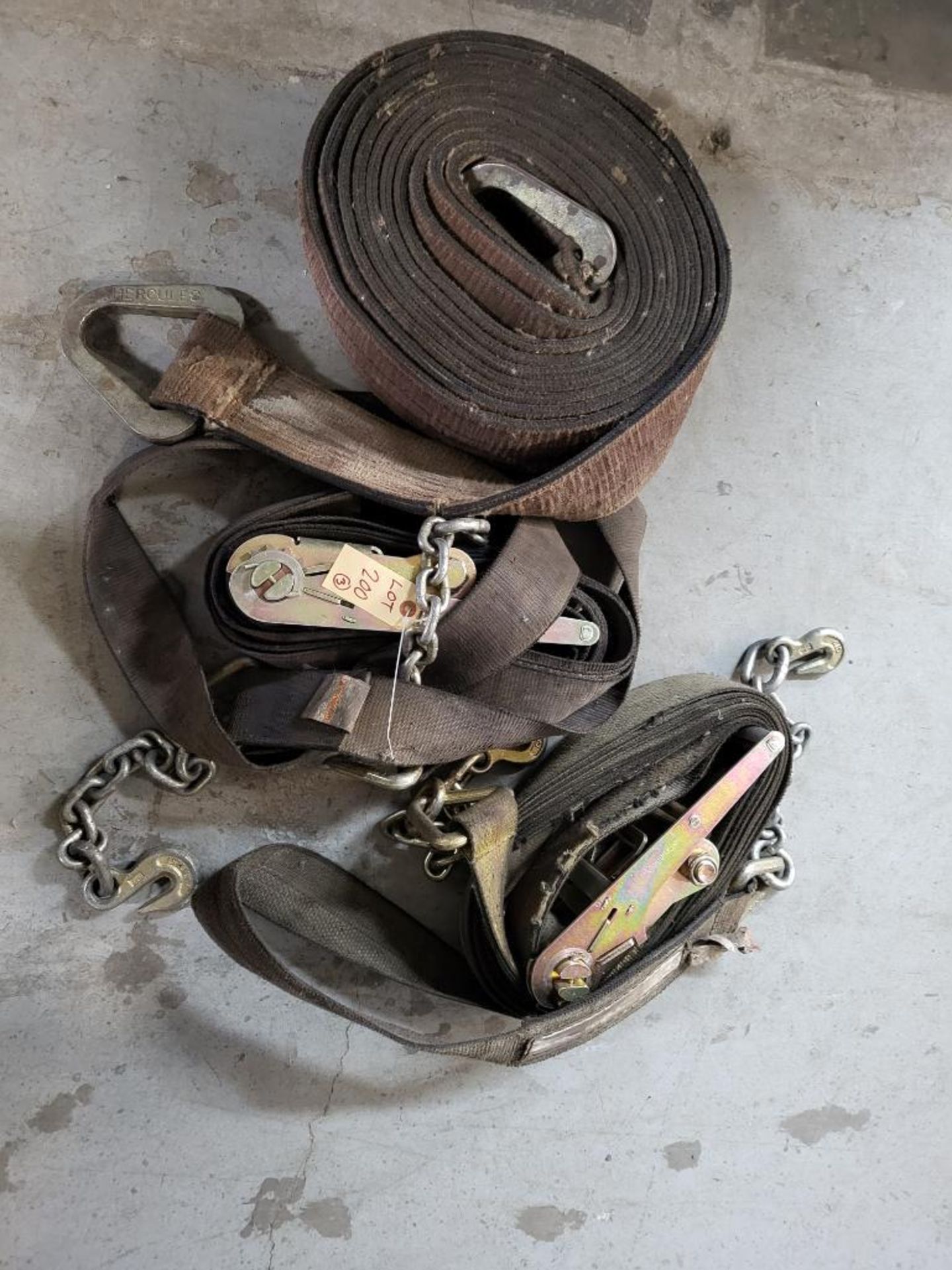 Lot Of Heavy Duty Chain 2 Ratchet Straps And 1 Heavy Duty 20 Foot Lift Strap