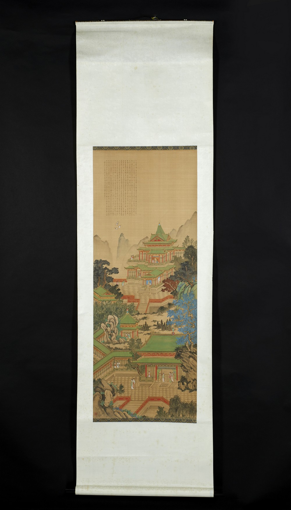 Arte Cinese A jiehua painting depicting a montain landscape with a large pagoda China, Qing dynasty