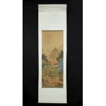 Arte Cinese A jiehua painting depicting a montain landscape with a large pagoda China, Qing dynasty
