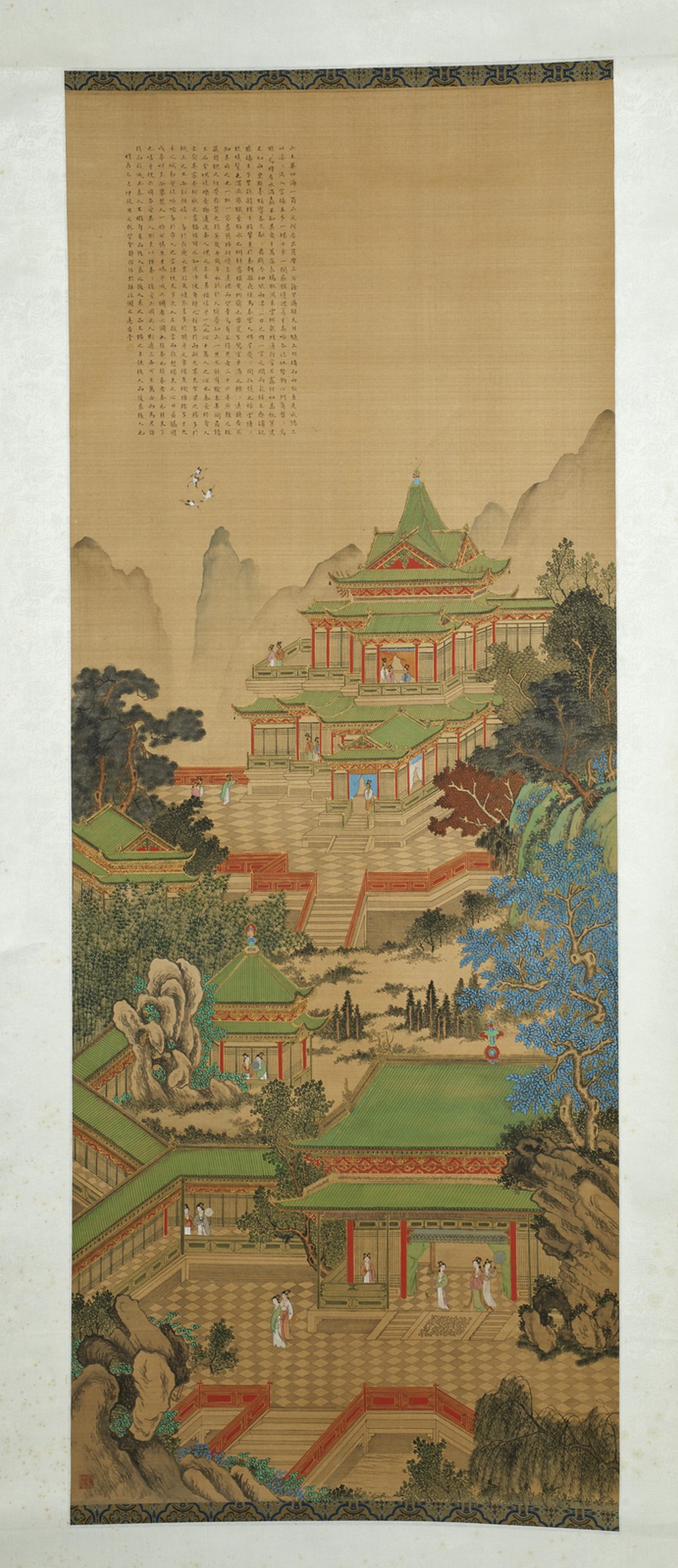 Arte Cinese A jiehua painting depicting a montain landscape with a large pagoda China, Qing dynasty - Image 2 of 4