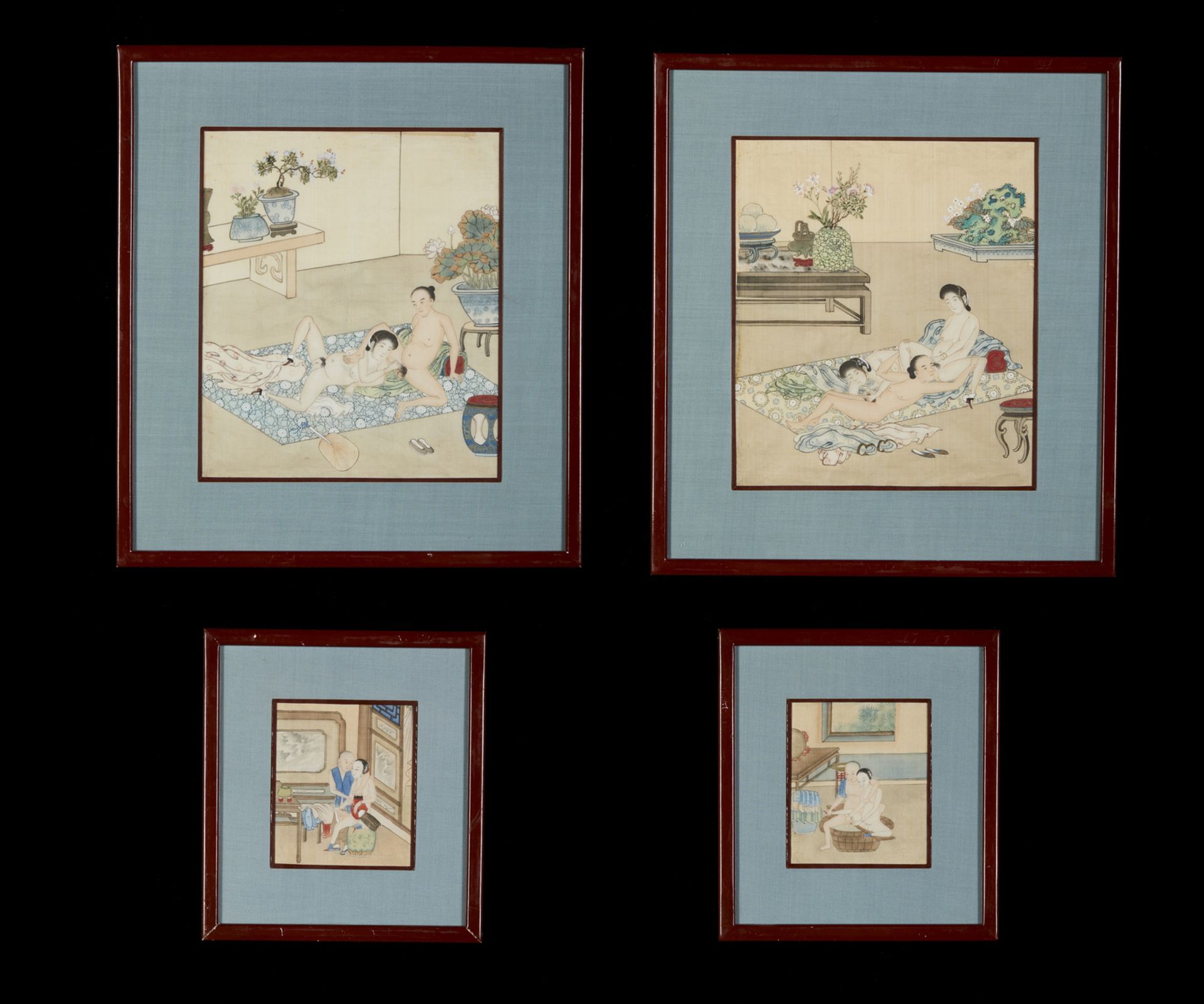 Arte Cinese A group of four watercolour paintings with erotic subjectChina, Qing dynasty, 19th cent