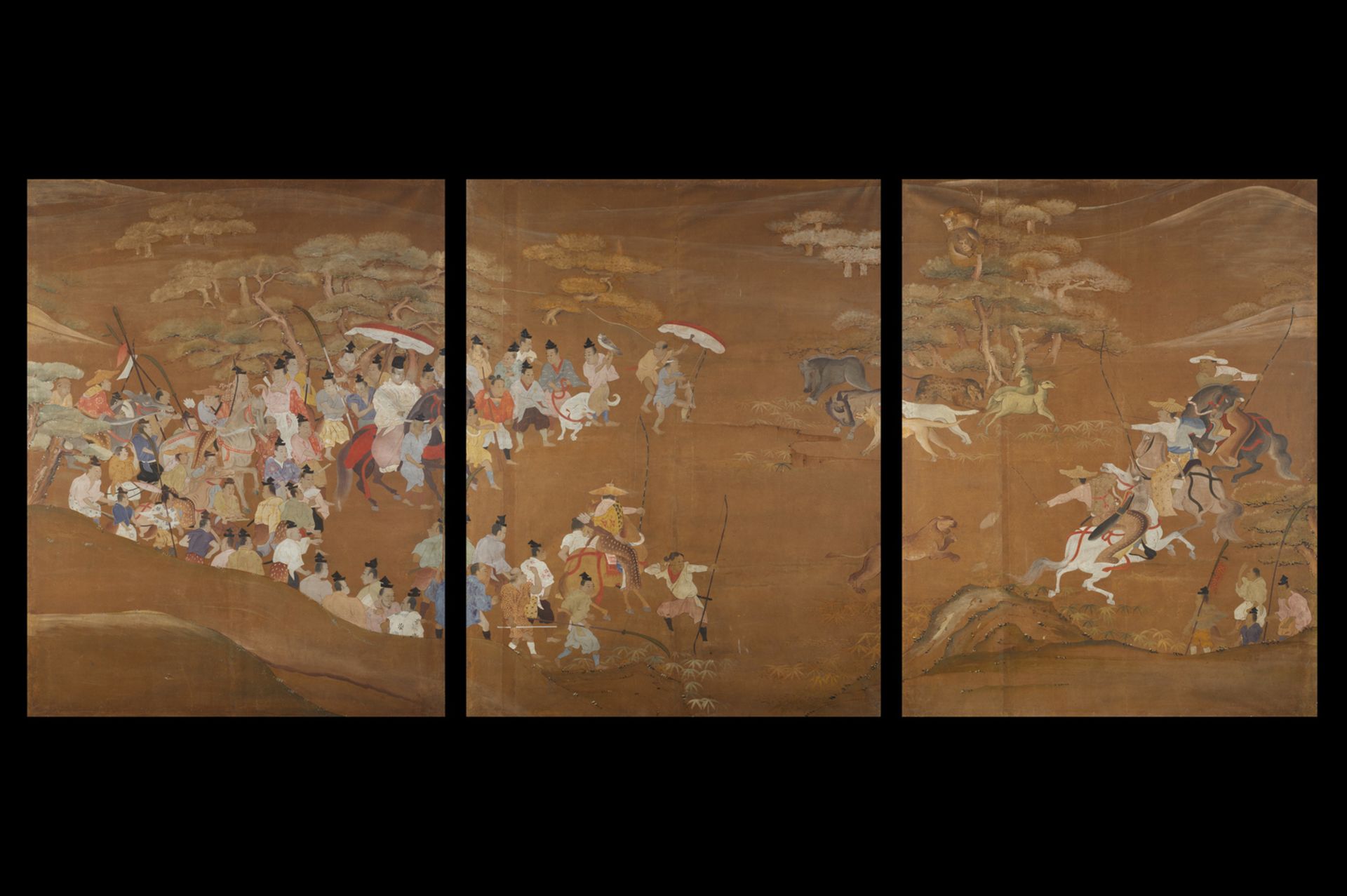 Arte Sud-Est Asiatico Three large panels with hunting scenesKorea, 19th century.