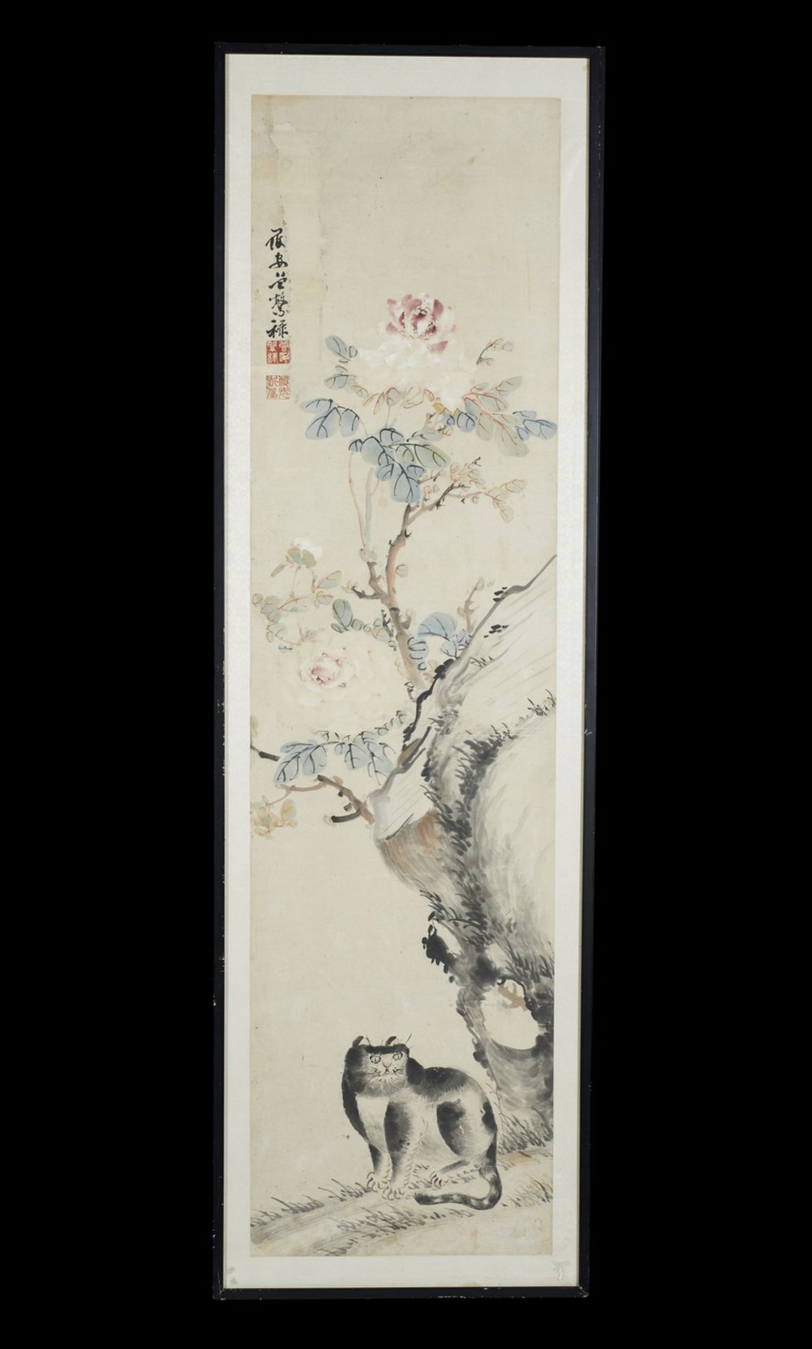 Arte coreana Hanging scroll representing the auspicious pun-based subject of the cat, rock and peo - Image 2 of 2