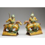 Arte Cinese A pair of sancai glazed pottery roof tiles in the shape of horses with riders.China, Mi