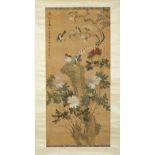 Arte Cinese A scroll painting depicting pheasants on rocks and flowers China, Qing dynasty, 19th ce