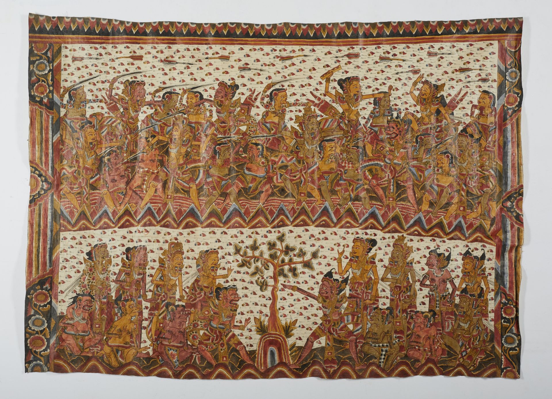 Arte Sud-Est Asiatico A large textile painted with epic scenes Bali, 20th century .
