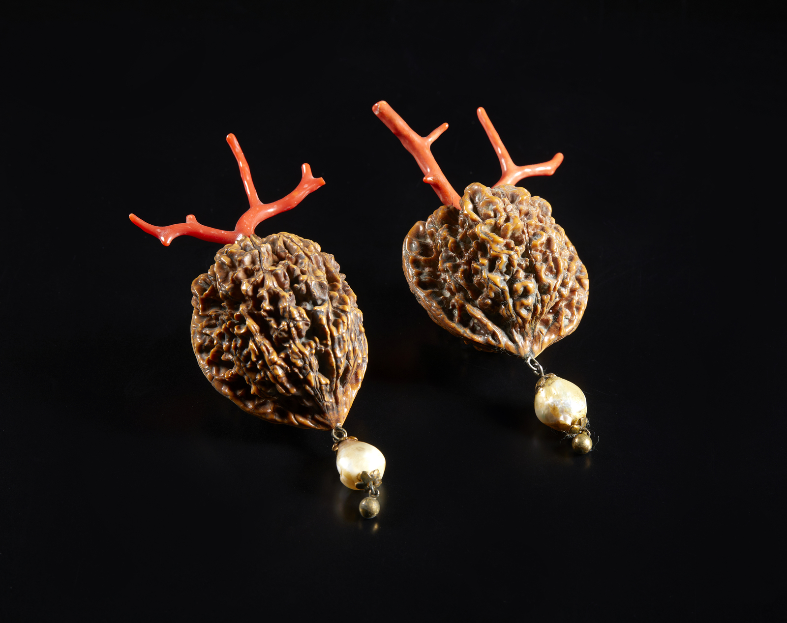 . Two walnuts mounted with small red coral branchItaly, 20th century. - Image 2 of 4