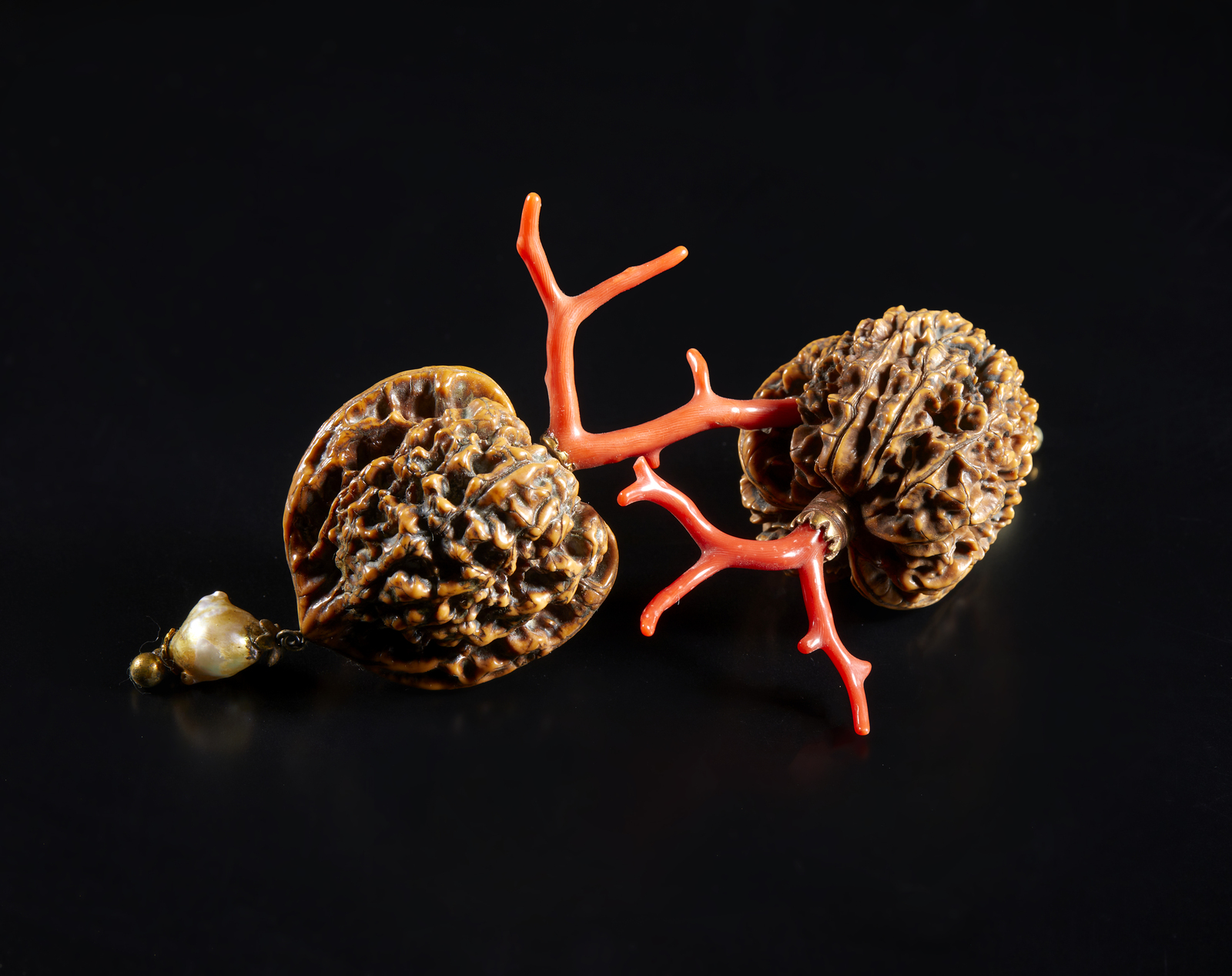 . Two walnuts mounted with small red coral branchItaly, 20th century. - Image 4 of 4