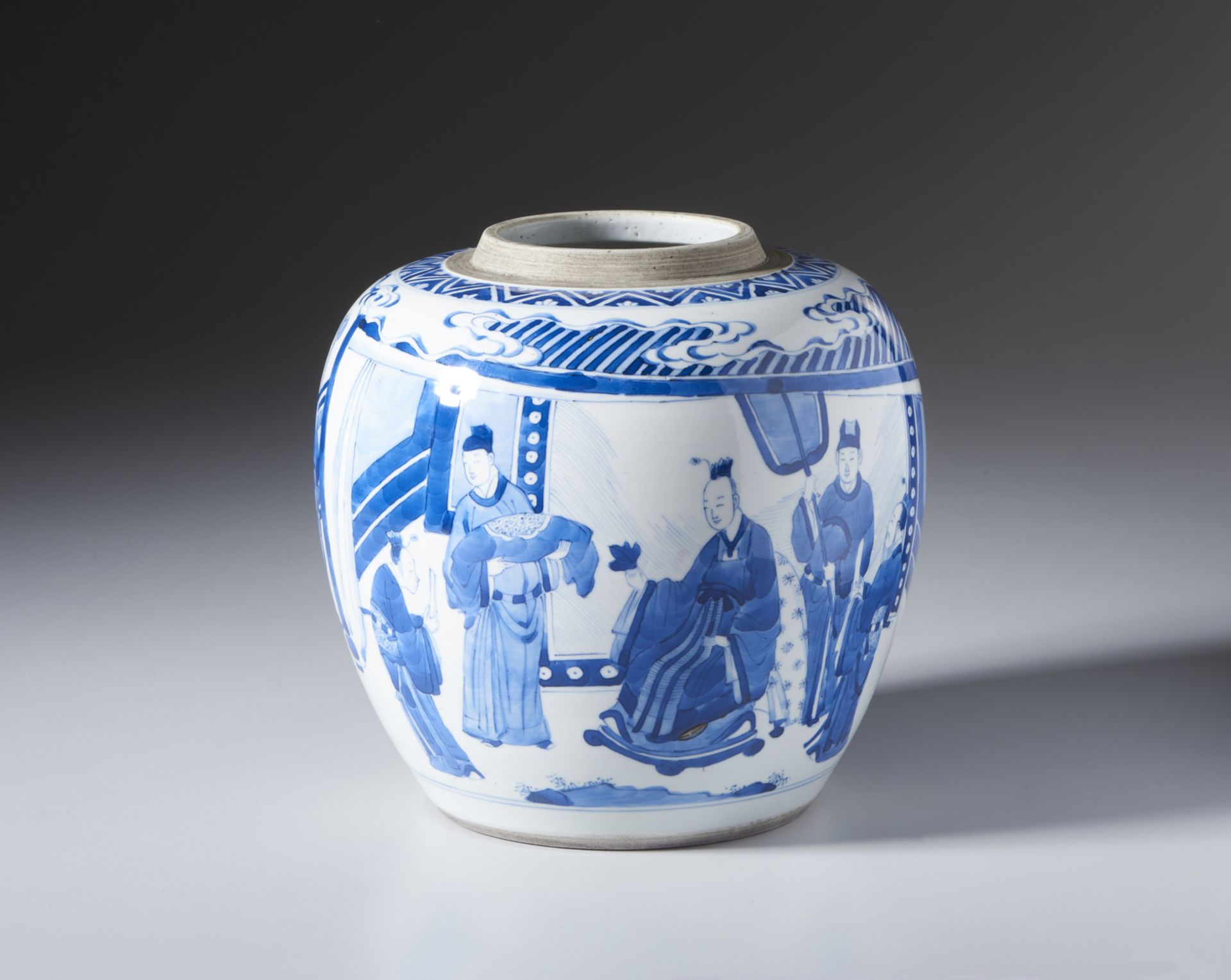A fine blue&white porcelain jar, painted with figures in outdoor. On the base double circle mark