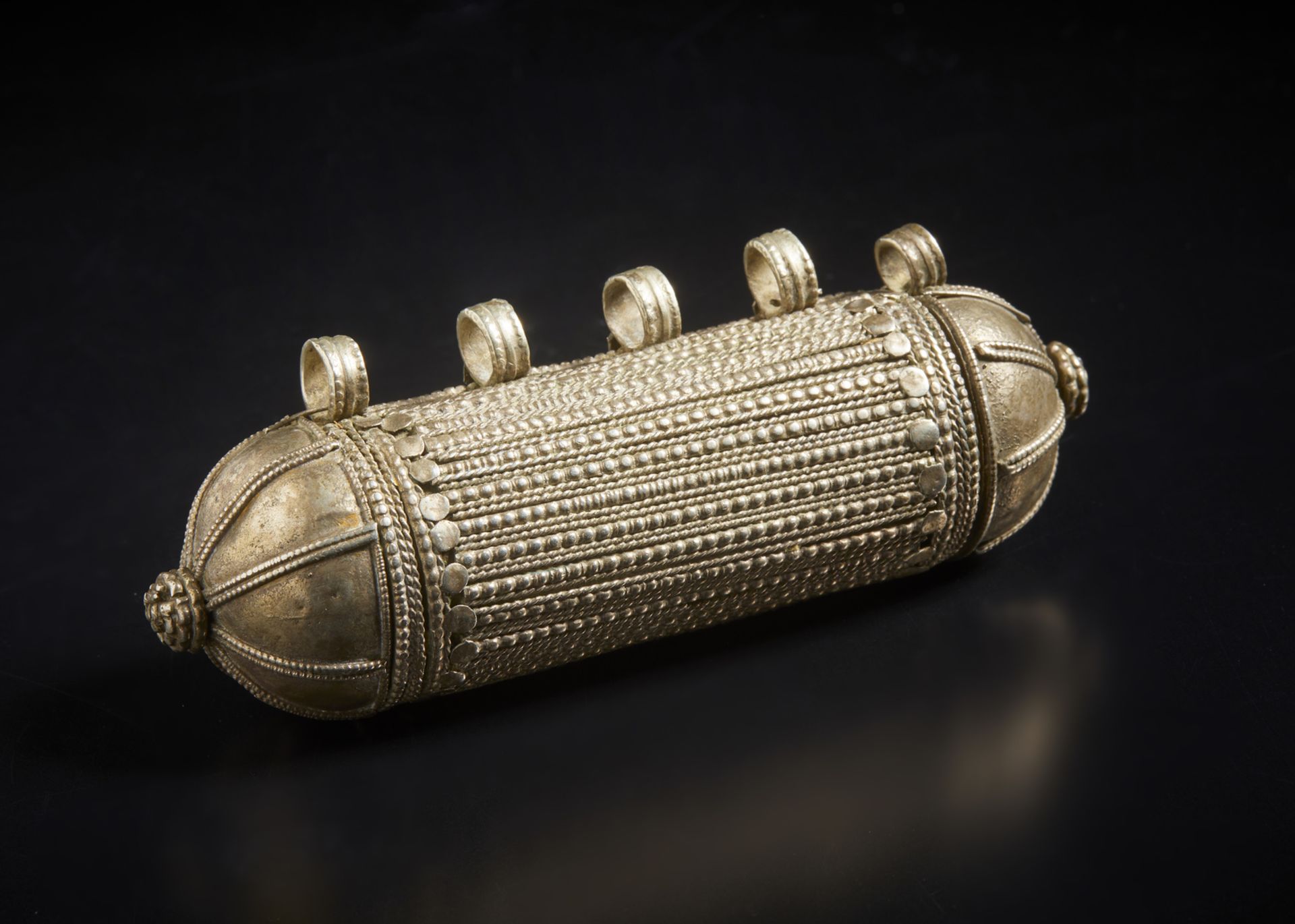A large silver amulet Yemen, 19th century Cylindrical box with talismanic function, used to hold - Image 2 of 4