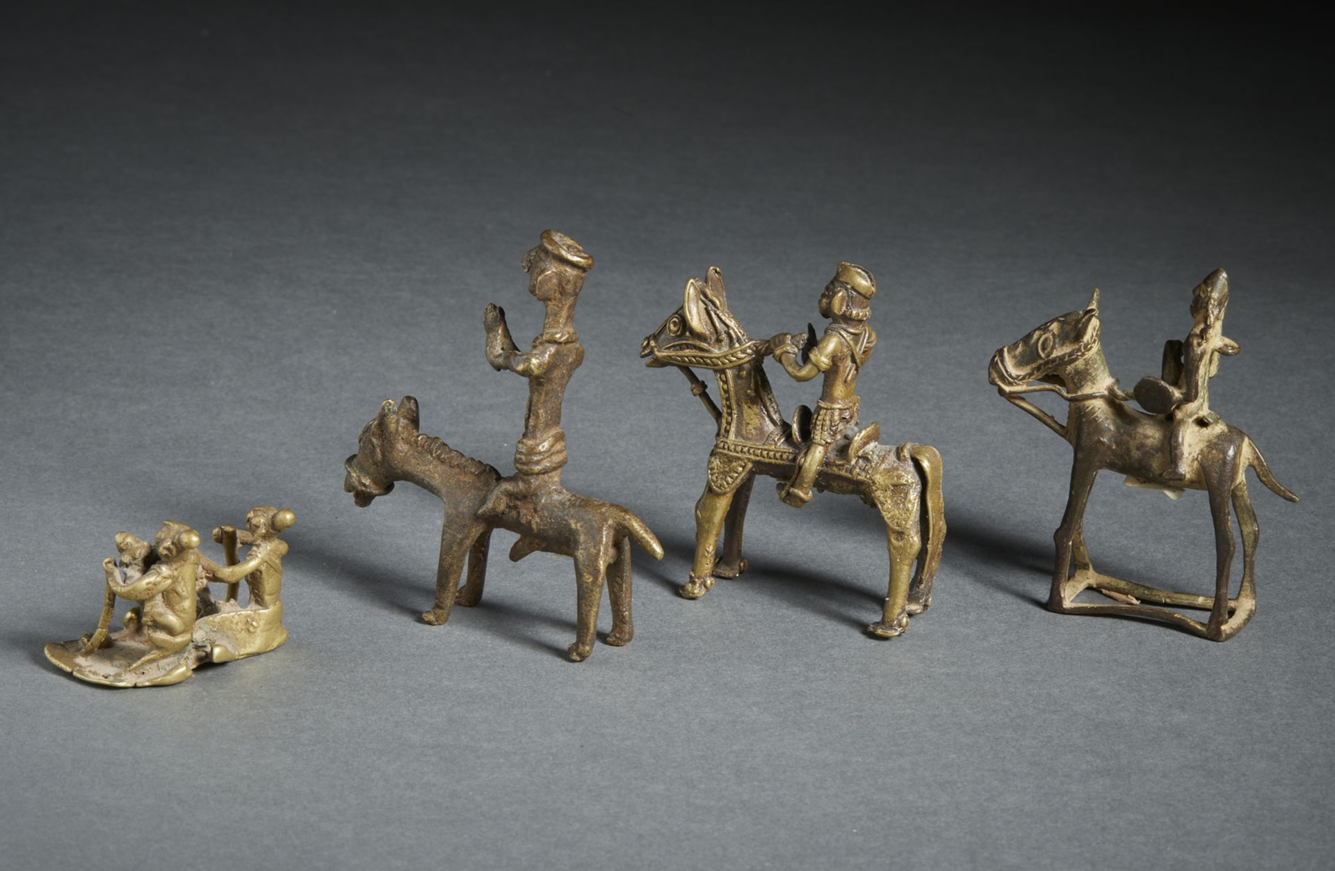 A group of 4 folk bronze figures Central India, 19th century Including: 3 riding Khandobas and a - Image 2 of 2