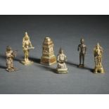 A group of 6 copper alloy devotional figures India, 19th century Including: a Buddhist Stupa with