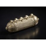 A large silver amulet Yemen, 19th century Cylindrical box with talismanic function, used to hold