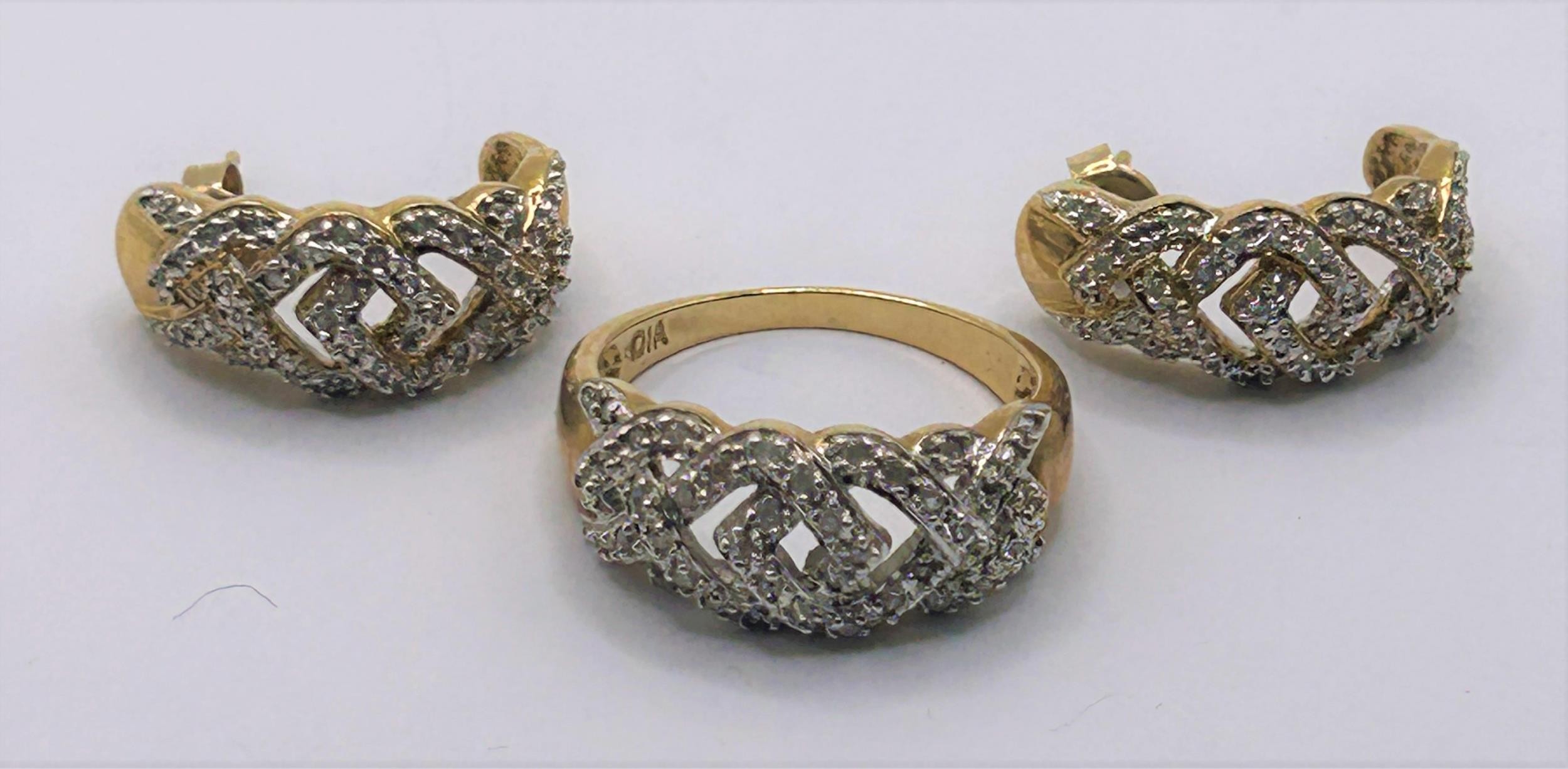 A 9ct gold and diamond cluster ring, and a matching pair of earrings (3)