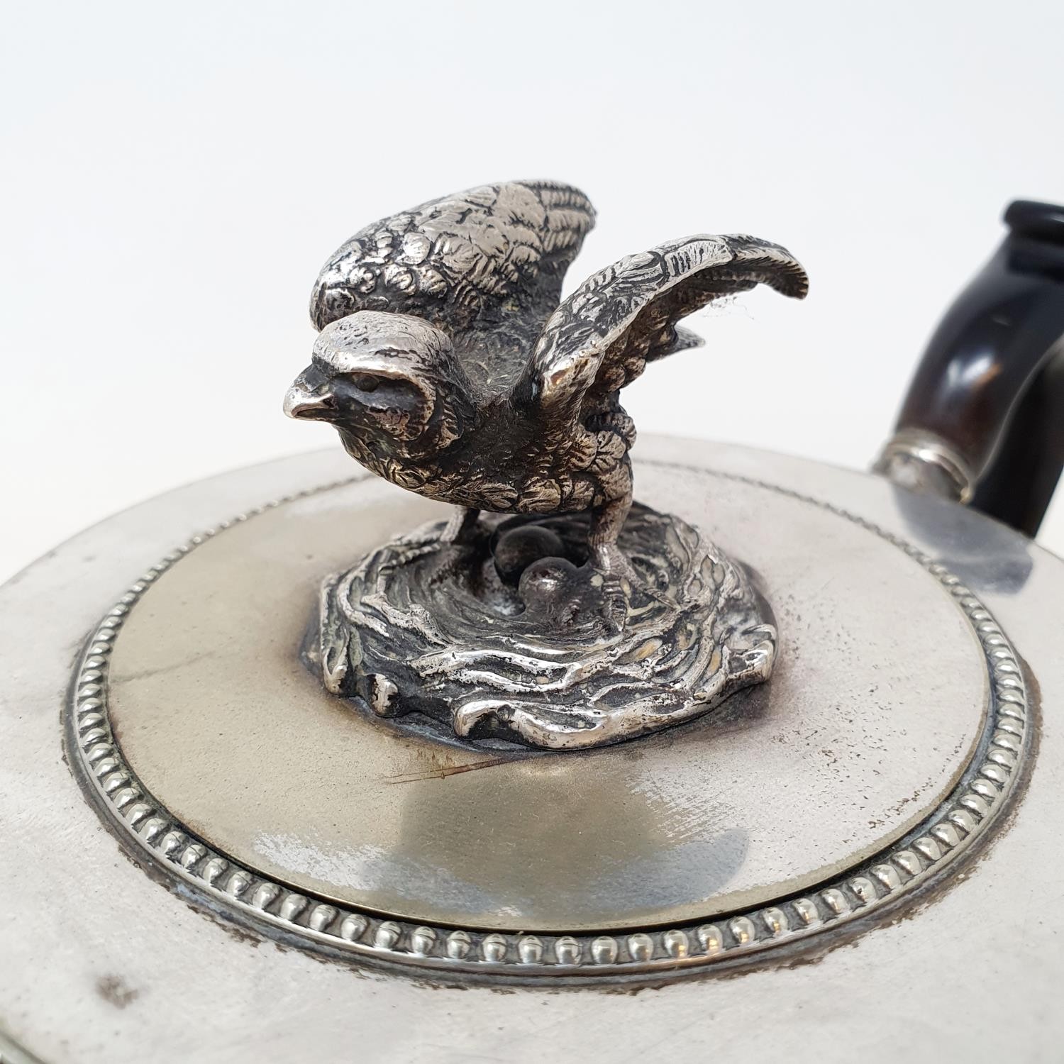 A 19th century silver plated teapot, with a bird finial and an unusual set of dummy hallmarks - Image 3 of 5