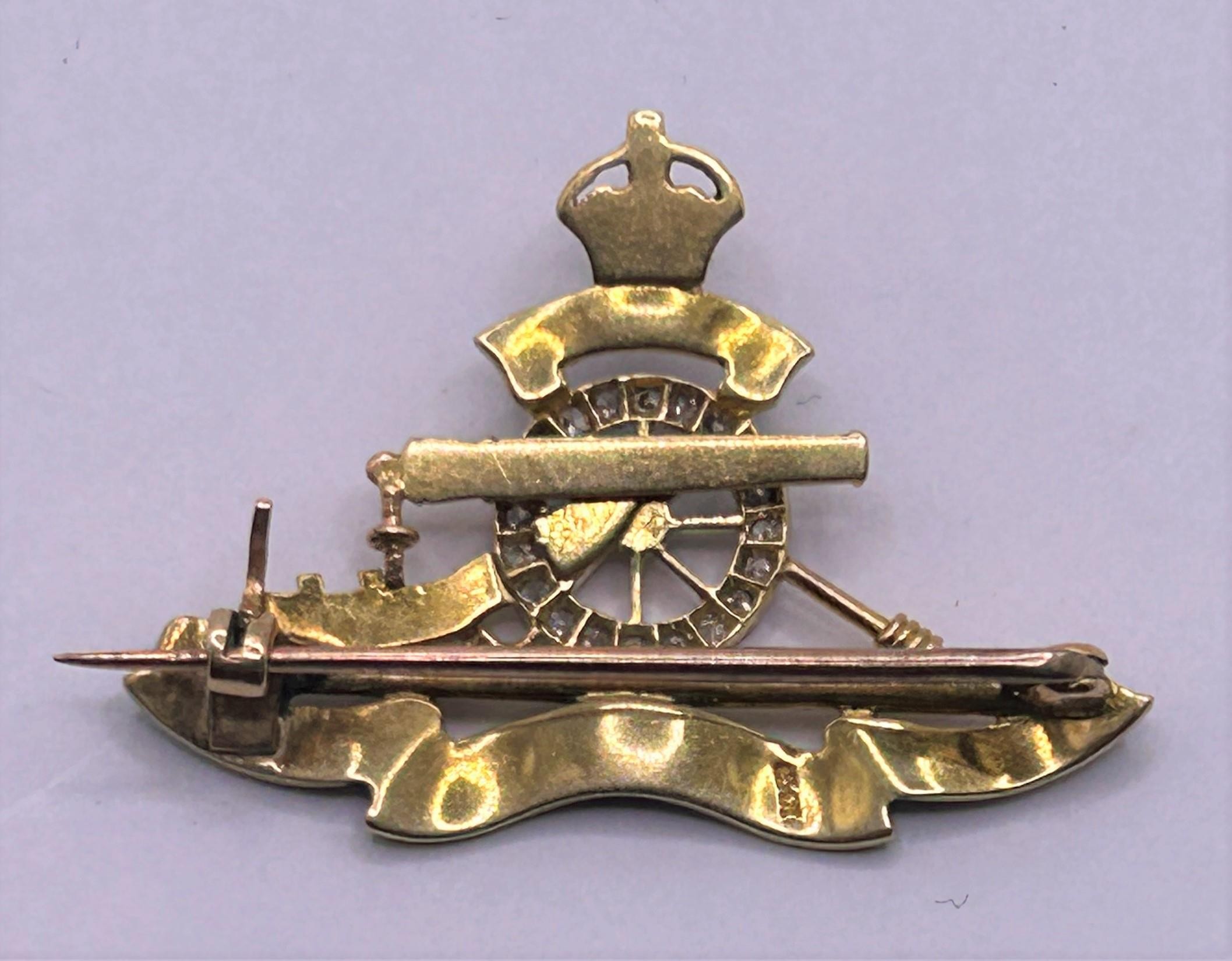 A yellow coloured metal, diamond and blue enamel military sweetheart brooch, for the Royal Horse - Image 2 of 2