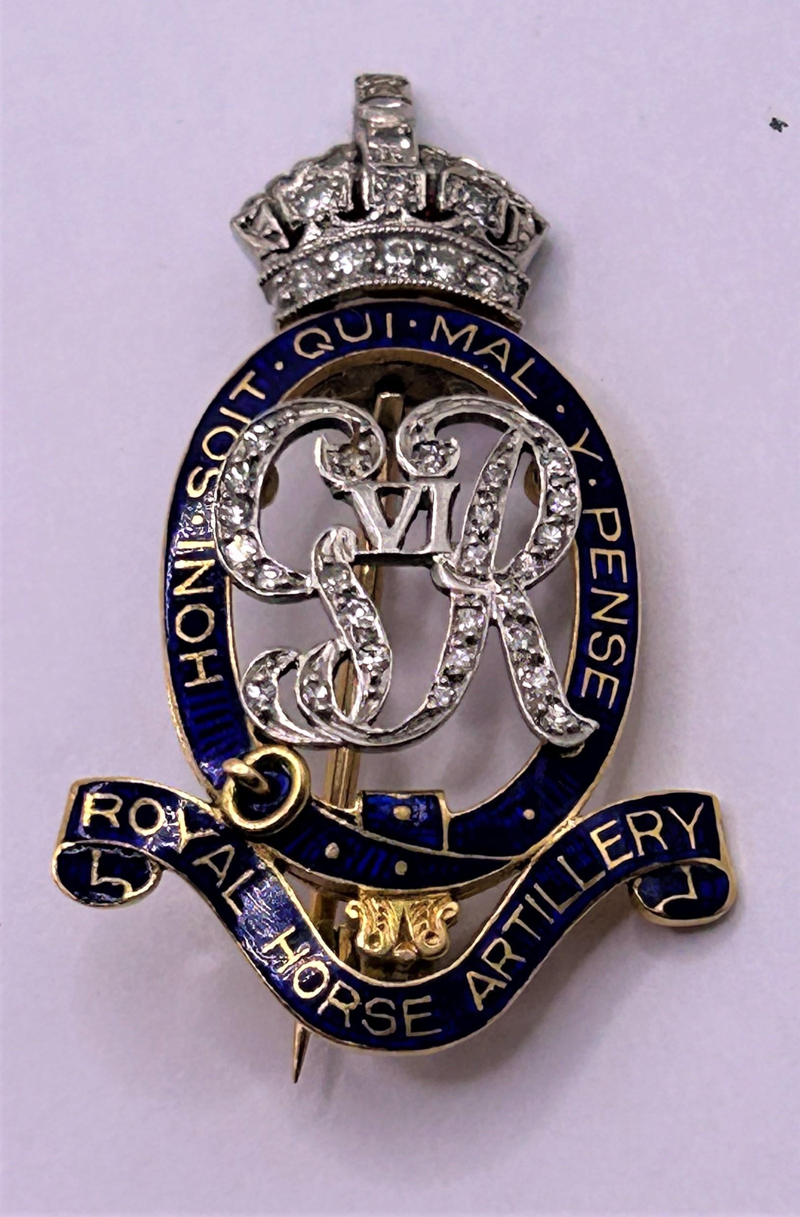A military yellow coloured metal diamond, and blue enamel sweetheart brooch, for the Royal Horse