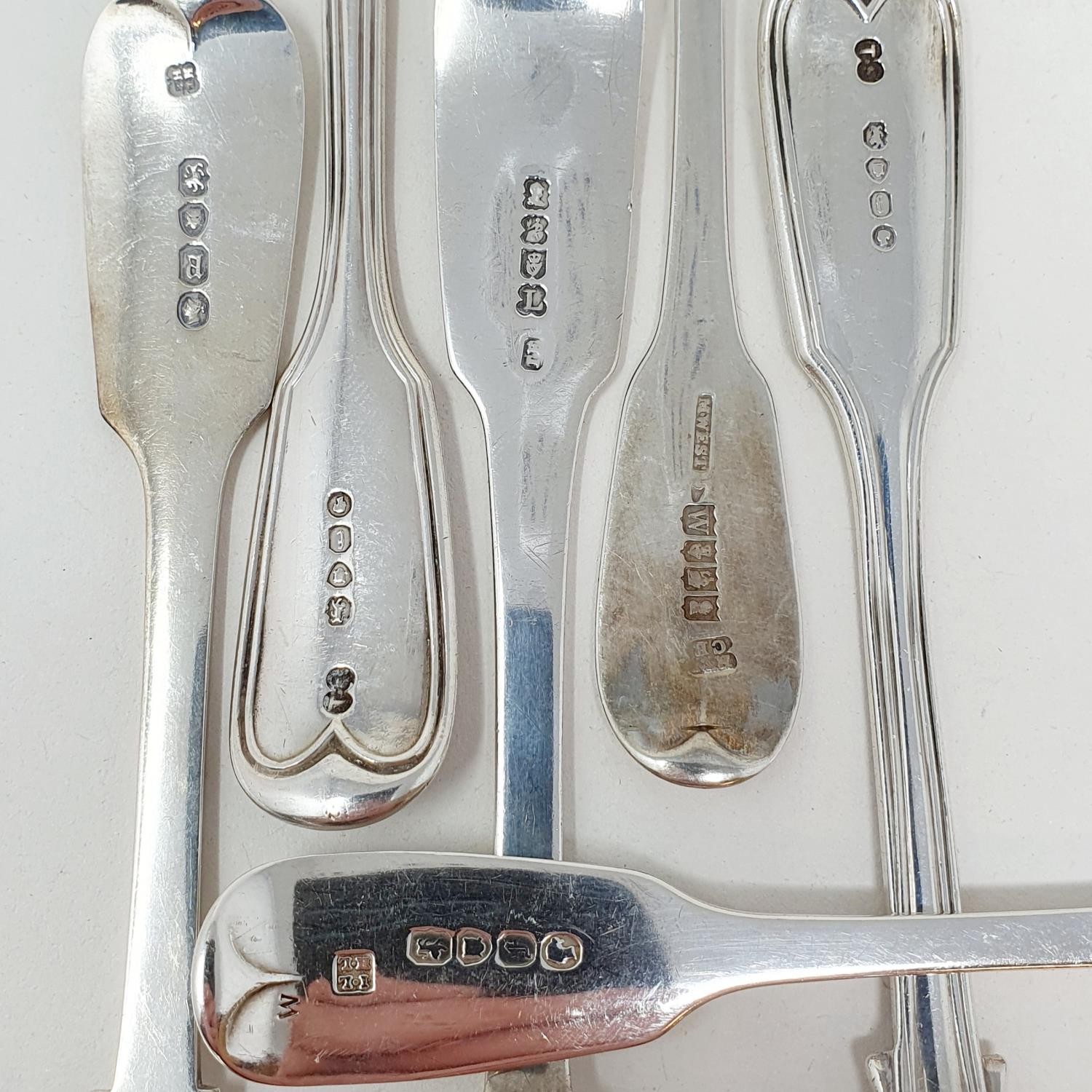 A pair of Victorian silver fiddle and thread pattern dessertspoons, and four other fiddle pattern - Image 3 of 3