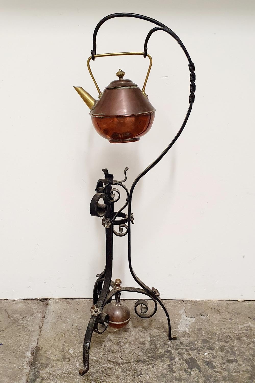 A Dr Christopher Dresser style copper kettle, on a wrought iron stand, 85 cm high - Image 2 of 5