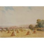 George Oyston, landscape with haystacks, watercolour, signed, 27 x 36 cm Overall condition good,