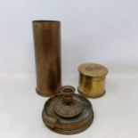 A Trench Art chamberstick, a similar box, and a shell casing (3)