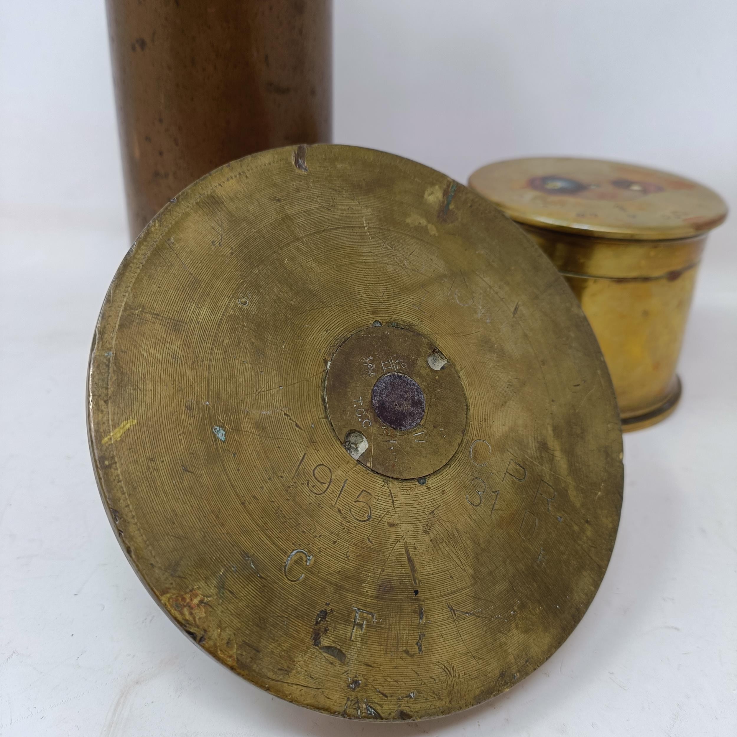 A Trench Art chamberstick, a similar box, and a shell casing (3) - Image 3 of 11