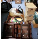 A pair of mahogany wall shelves, a quantity of handbags and purses, and assorted other items (qty)