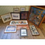 Assorted pictures, prints, a dog cage and a rocking chair (qty)