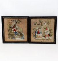 A 19th century needlework panel, of two young boys, 18 x 17 cm, and its pair (2)