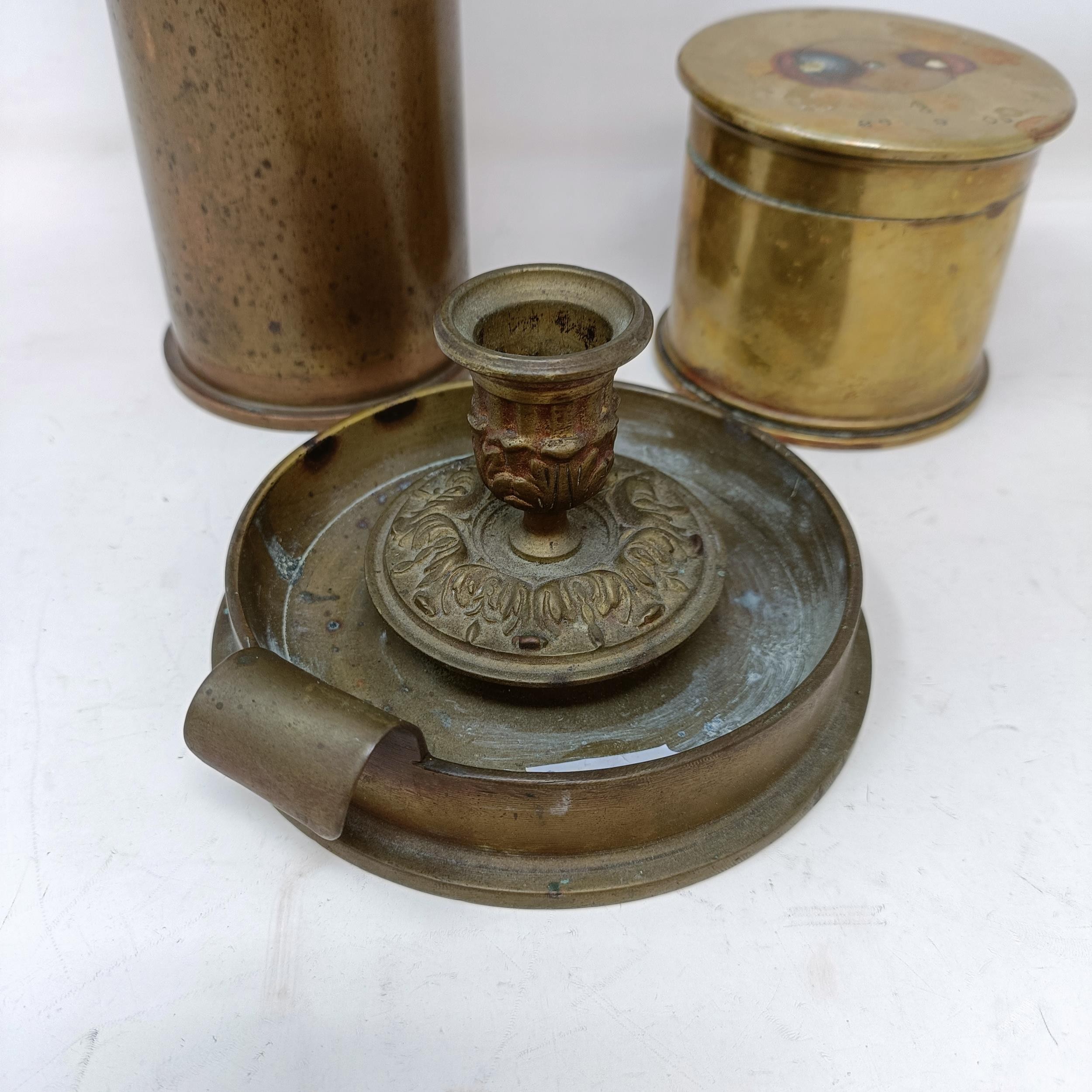 A Trench Art chamberstick, a similar box, and a shell casing (3) - Image 2 of 11