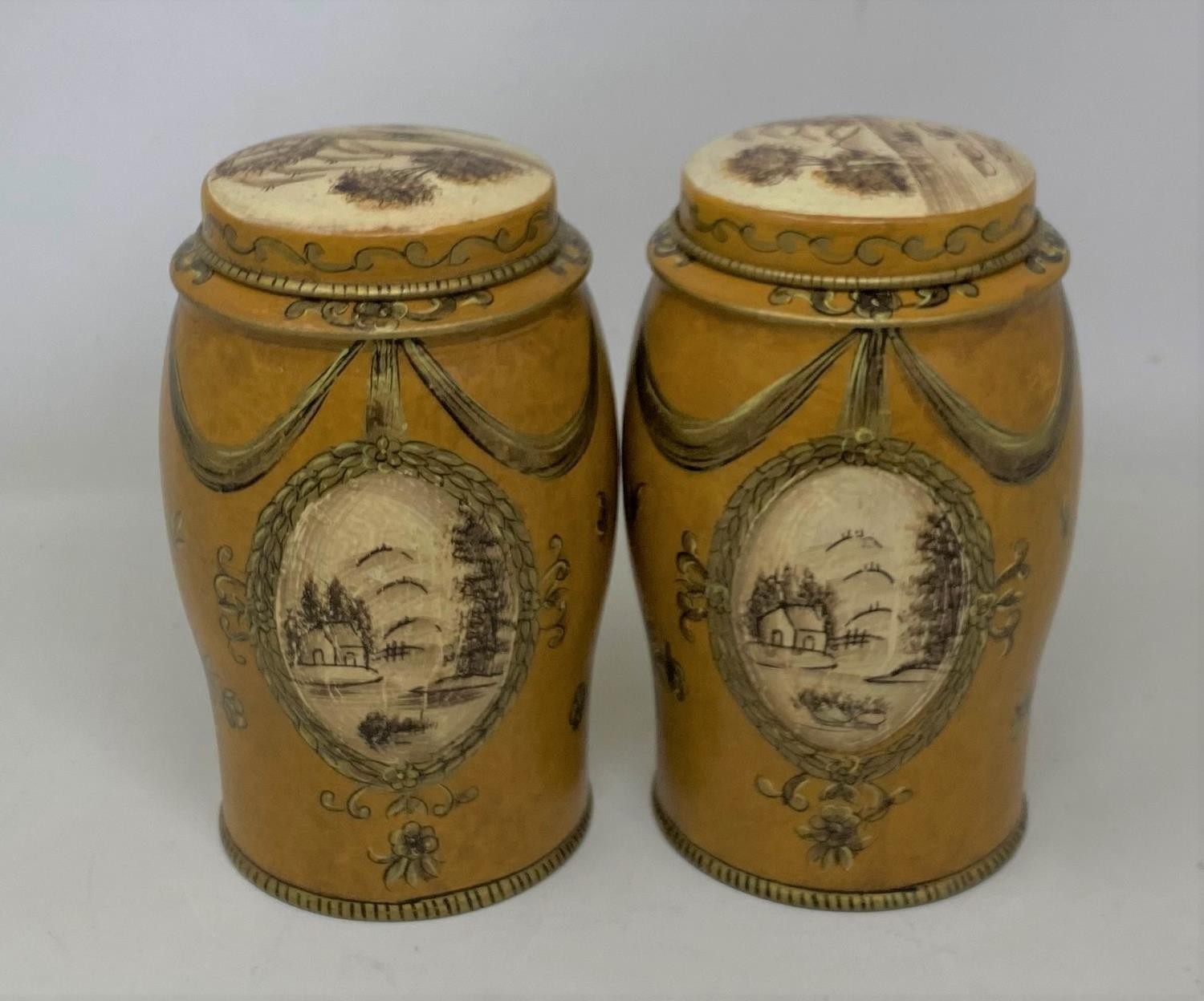 A pair of Toleware caddies, 18 cm high Condition good, a 20th/21st century copy