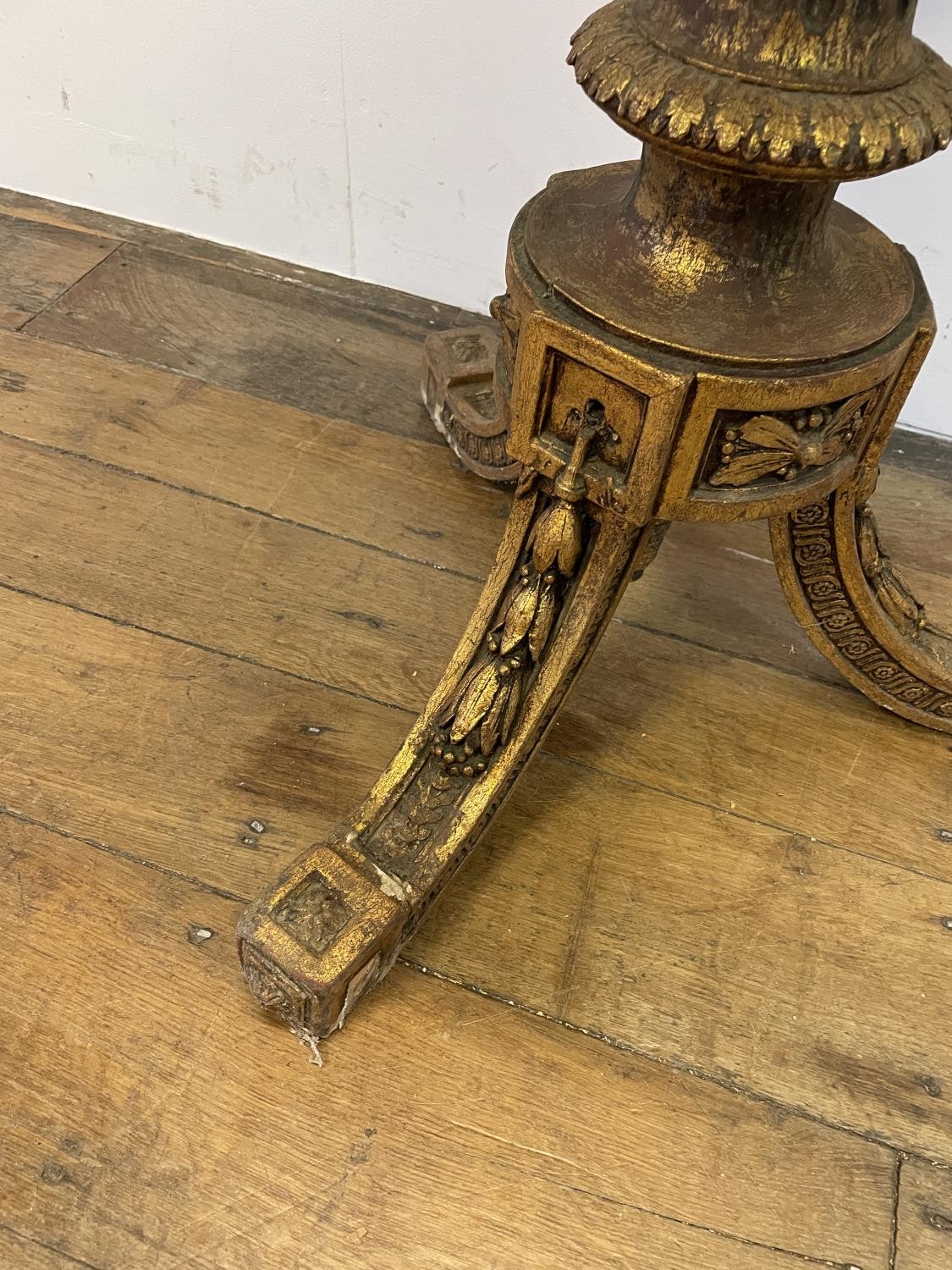 An Empire style carved wood and gesso gilt table, with a marble top, 64 cm diameter Various losses - Image 3 of 5