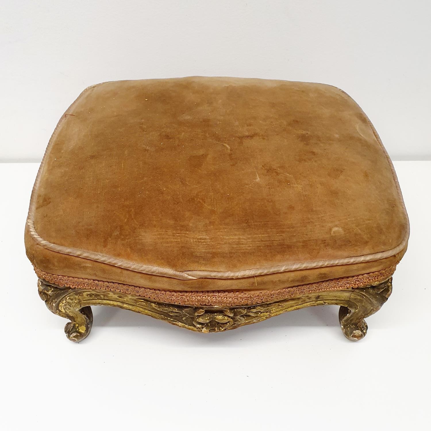 A carved giltwood footstool, with a VR type cypher, 36 cm wide, and another, 34 cm wide (2) - Image 6 of 8