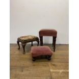 A 19th century mahogany framed stool, 34 cm wide, and two others (3)