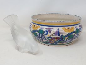 A Lalique glass bird, 10 cm high and a Poole Pottery bowl, 19 cm diameter (2)